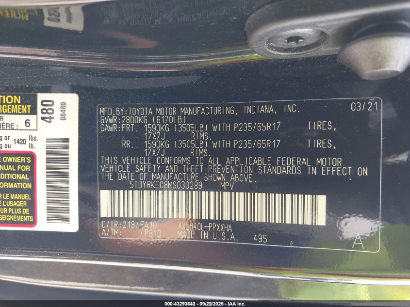 2021 Toyota Sienna Xle VIN: 5TDYRKEC8MS030289 Lot: 43293842