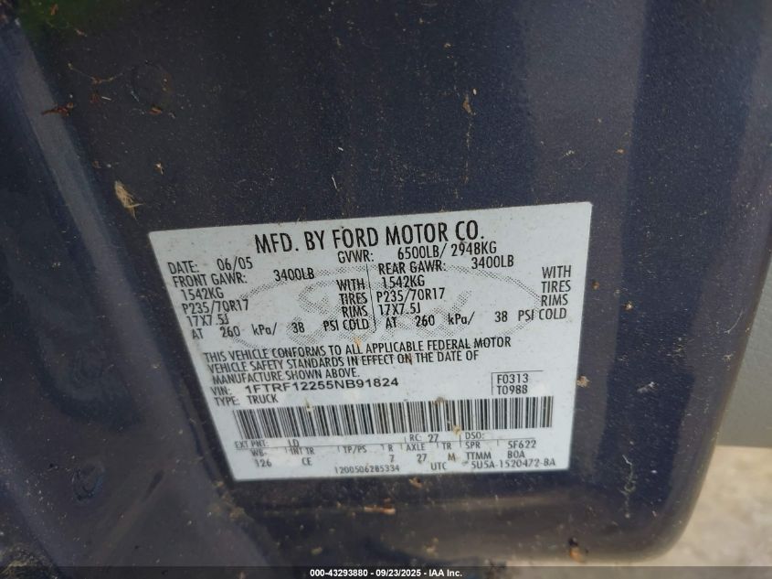 2005 Ford F-150 Stx/Xl/Xlt VIN: 1FTRF12255NB91824 Lot: 43293880