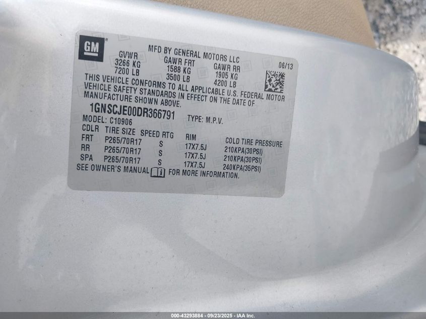 2013 Chevrolet Suburban 1500 Lt VIN: 1GNSCJE00DR366791 Lot: 43293884