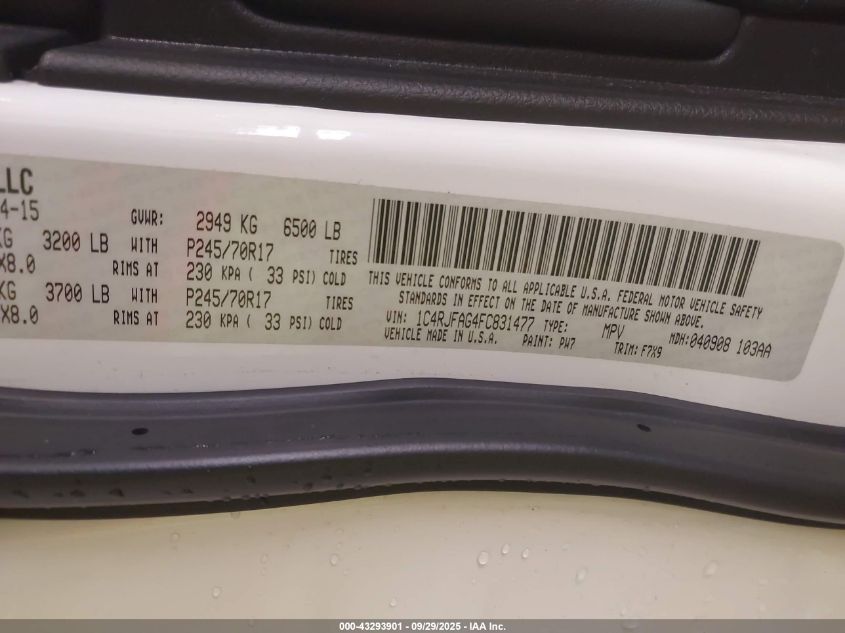 2015 Jeep Grand Cherokee Laredo VIN: 1C4RJFAG4FC831477 Lot: 43293901