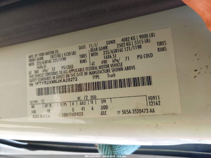 2018 Ford Transit-250 VIN: 1FTYR2XM6JKA20272 Lot: 43293921