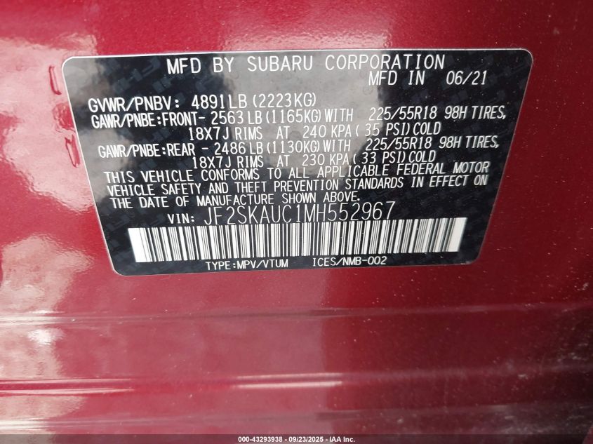 2021 Subaru Forester Limited VIN: JF2SKAUC1MH552967 Lot: 43293938
