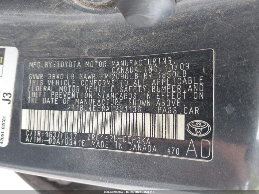 2010 Toyota Corolla S VIN: 2T1BU4EE8AC291136 Lot: 43293940