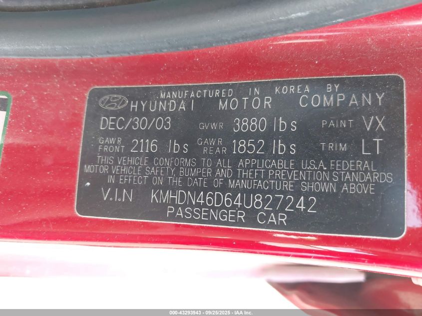 2004 Hyundai Elantra Gls/Gt VIN: KMHDN46D64U827242 Lot: 43293943