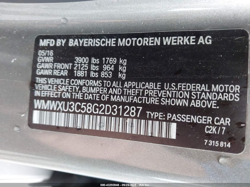 2016 Mini Hardtop Cooper S VIN: WMWXU3C58G2D31287 Lot: 43293946