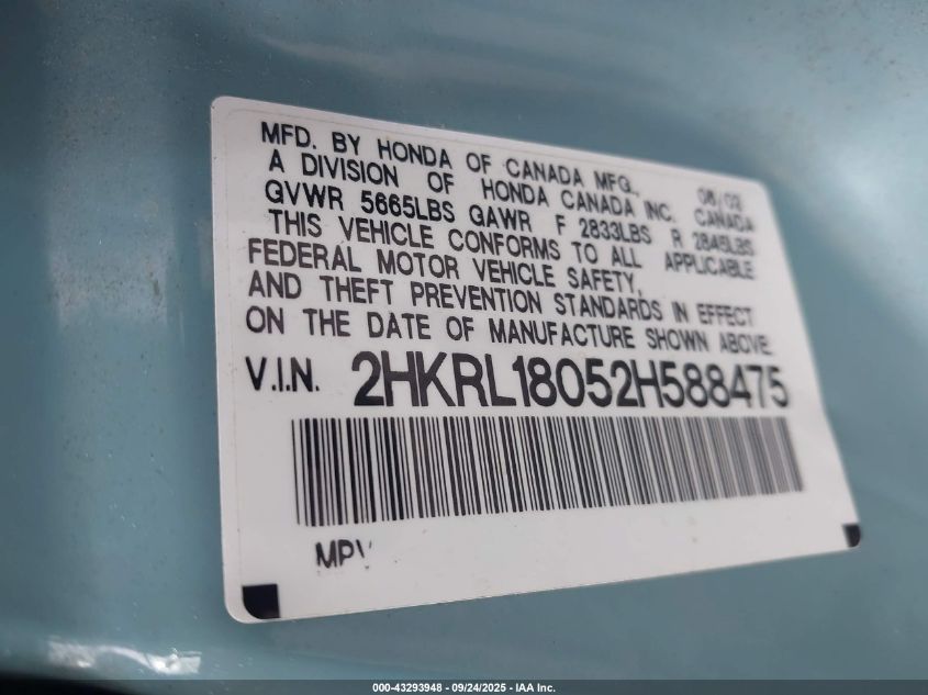 2002 Honda Odyssey Ex-L VIN: 2HKRL18052H588475 Lot: 43293948