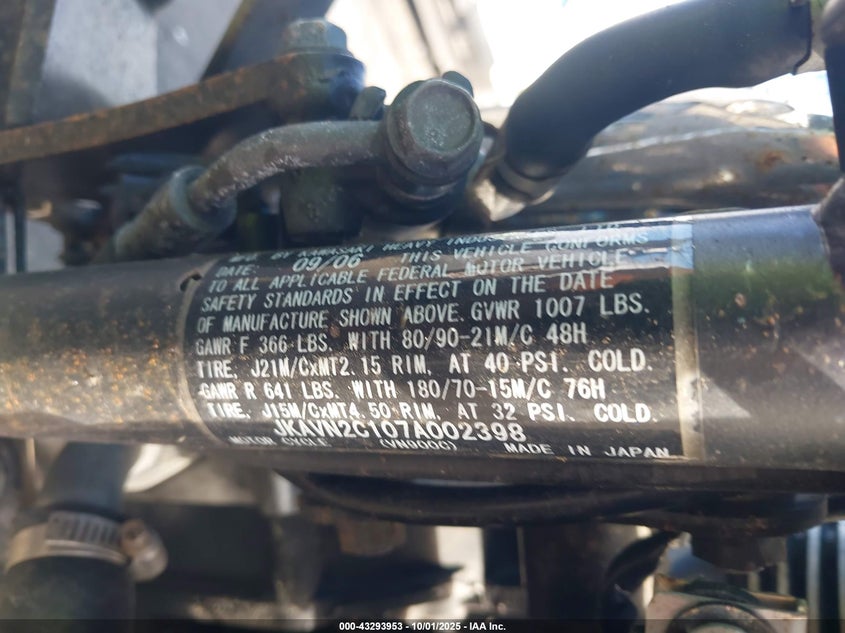 2007 Kawasaki Vn900 C VIN: JKAVN2C107A002398 Lot: 43293953