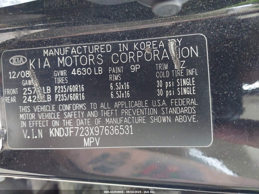 2009 Kia Sportage Lx V6 VIN: KNDJF723X97636531 Lot: 43293955