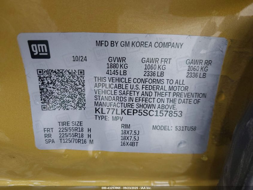 2025 Chevrolet Trax Fwd Activ VIN: KL77LKEP5SC157853 Lot: 43293965