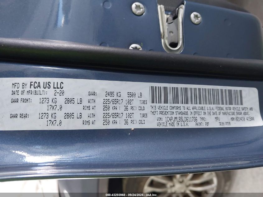 2020 Jeep Cherokee Latitude Plus 4X4 VIN: 1C4PJMLB5LD611736 Lot: 43293968