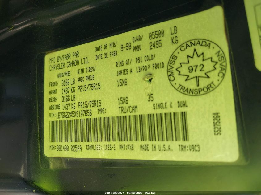 1999 Dodge Dakota Slt/Sport VIN: 1B7GG22X5XS107656 Lot: 43293971