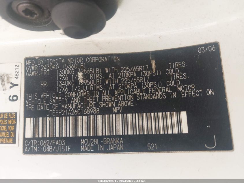 2006 Toyota Highlander Sport V6 VIN: JTEEP21A260168988 Lot: 43293974