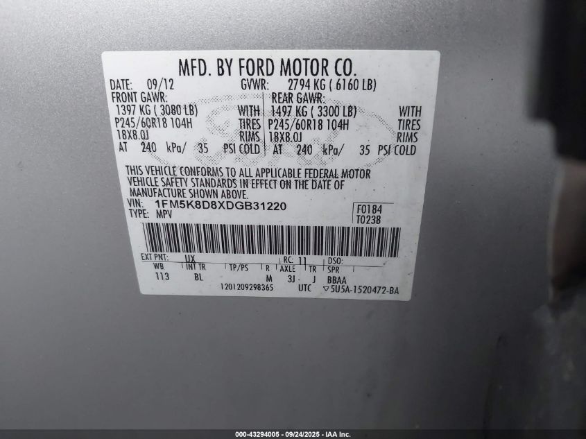 2013 Ford Explorer Xlt VIN: 1FM5K8D8XDGB31220 Lot: 43294005