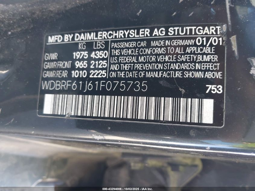 2001 Mercedes-Benz C 240 VIN: WDBRF61J61F075735 Lot: 43294006