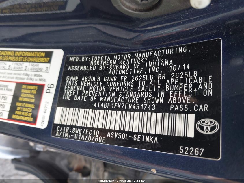 2015 Toyota Camry Le VIN: 4T4BF1FK7FR451743 Lot: 43294019