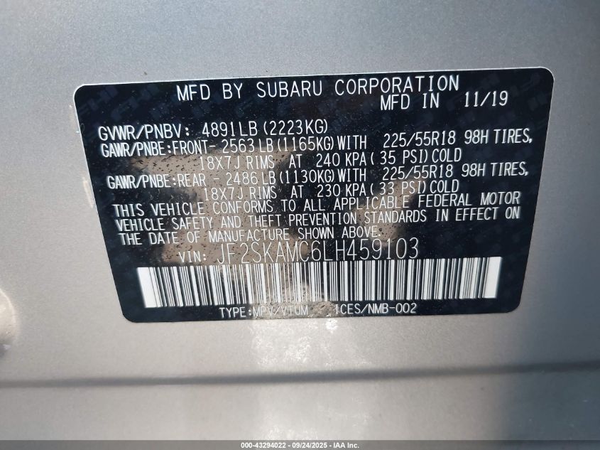 2020 Subaru Forester Sport VIN: JF2SKAMC6LH459103 Lot: 43294022