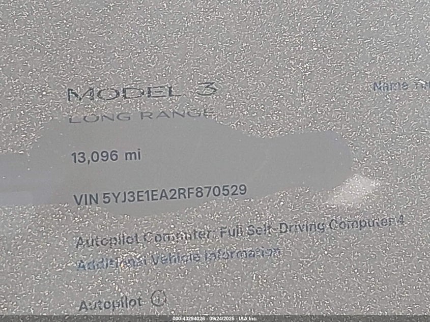 2024 Tesla Model 3 Long Range Dual Motor All-Wheel Drive/Rear-Wheel Drive VIN: 5YJ3E1EA2RF870529 Lot: 43294026