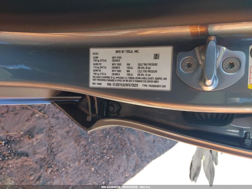 2024 Tesla Model 3 Long Range Dual Motor All-Wheel Drive/Rear-Wheel Drive VIN: 5YJ3E1EA2RF870529 Lot: 43294026