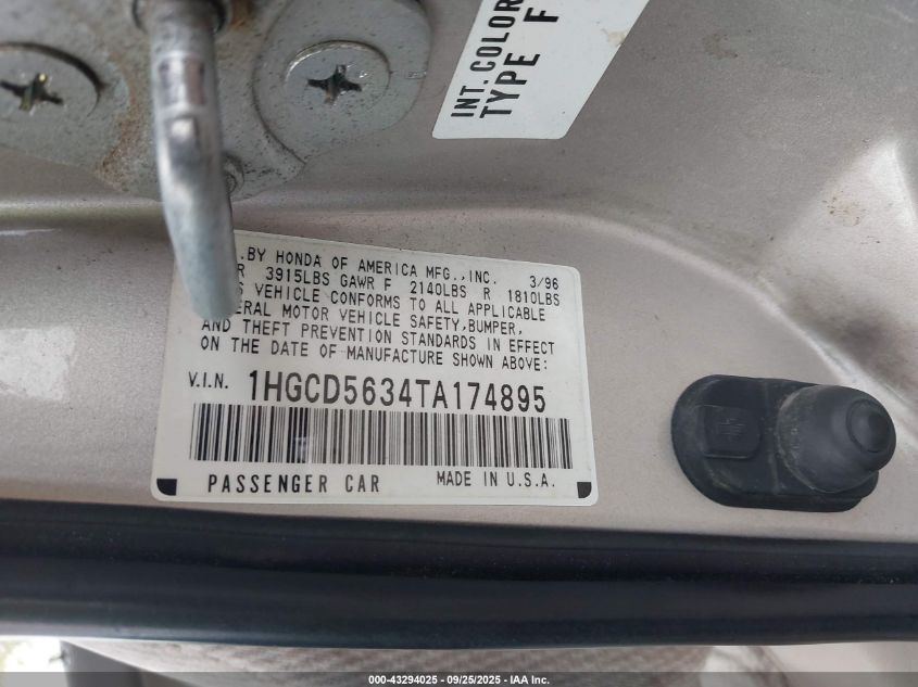 1996 Honda Accord Lx/Ex VIN: 1HGCD5634TA174895 Lot: 43294025