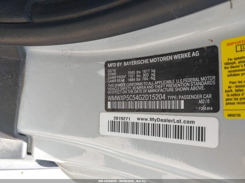 2016 Mini Hardtop Cooper VIN: WMWXP5C54G2D15204 Lot: 43294043