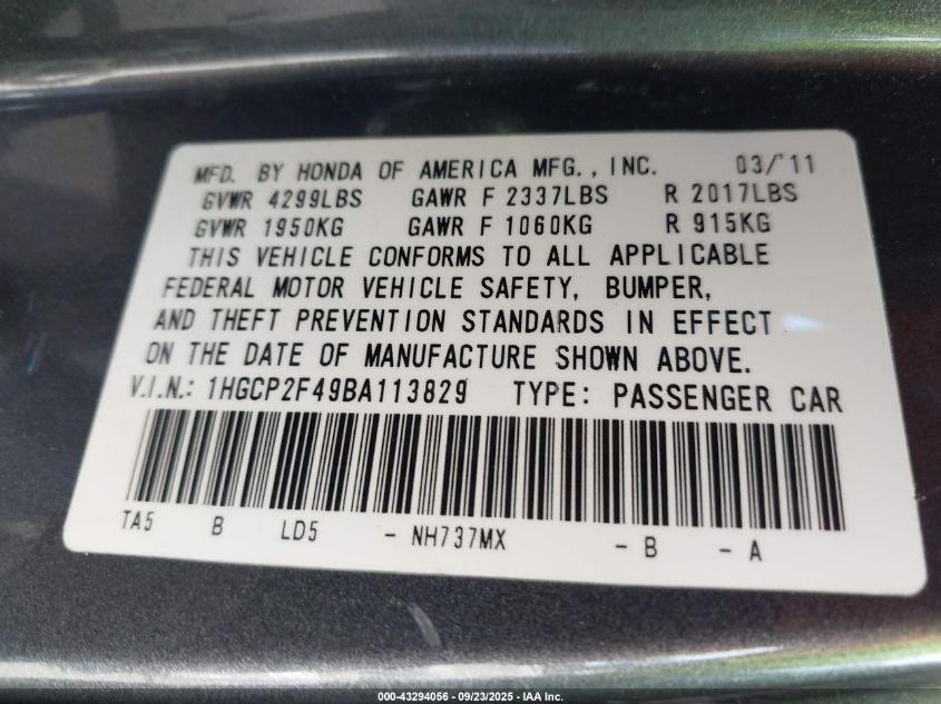 2011 Honda Accord 2.4 Lx-P VIN: 1HGCP2F49BA113829 Lot: 43294056