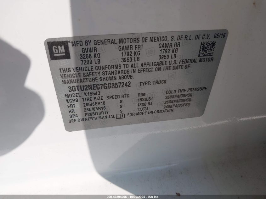 2016 GMC Sierra Slt VIN: 3GTU2NEC7GG357242 Lot: 43294066