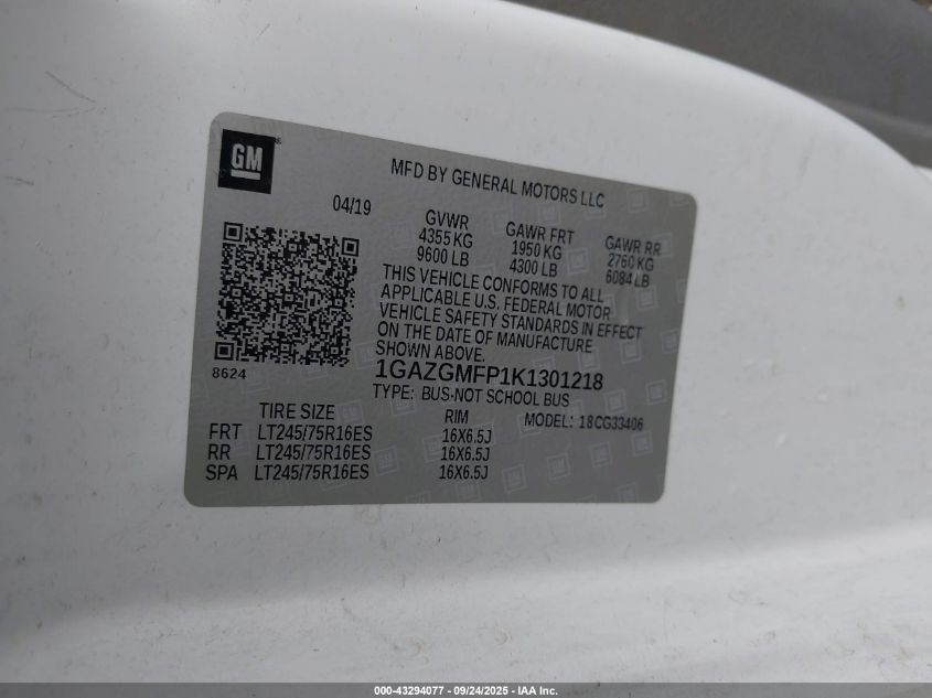 2019 Chevrolet Express G3500 Lt VIN: 1GAZGMFP1K1301218 Lot: 43294077