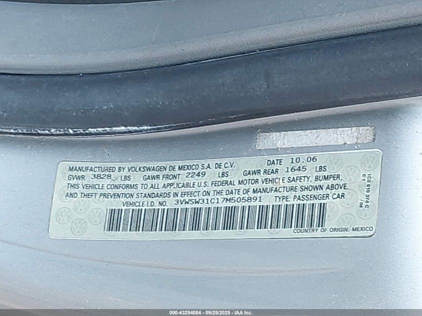 2007 Volkswagen New Beetle 2.5 VIN: 3VWSW31C17M505891 Lot: 43294084