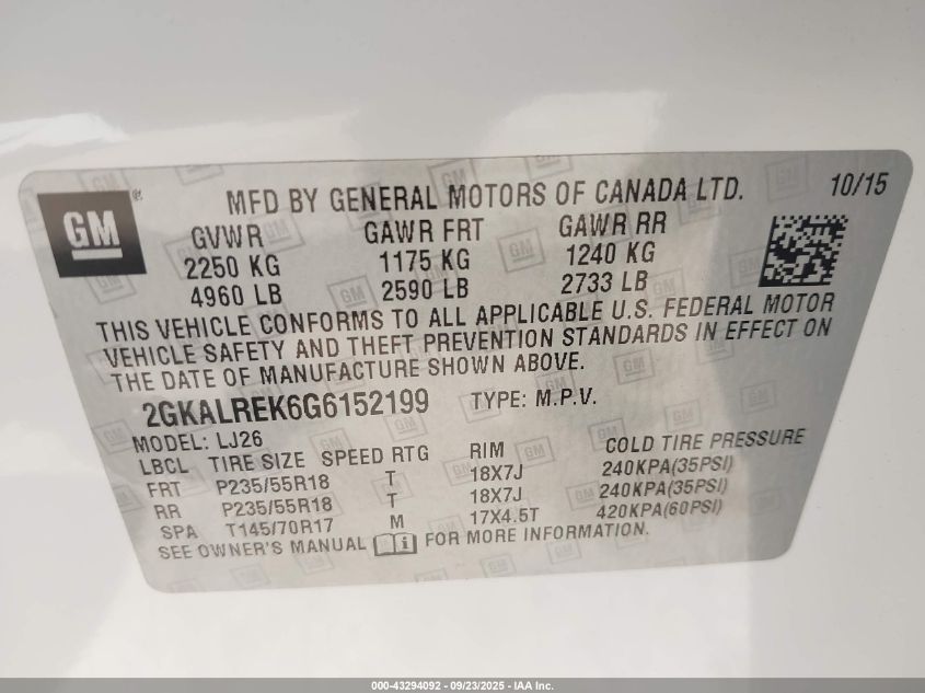 2016 GMC Terrain Denali VIN: 2GKALREK6G6152199 Lot: 43294092