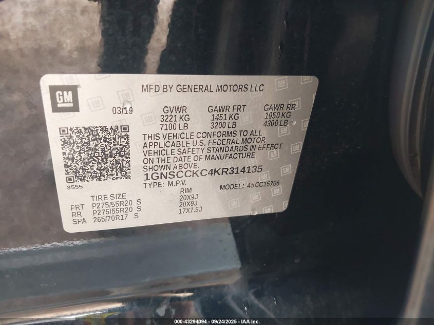 2019 Chevrolet Tahoe Premier VIN: 1GNSCCKC4KR314135 Lot: 43294094