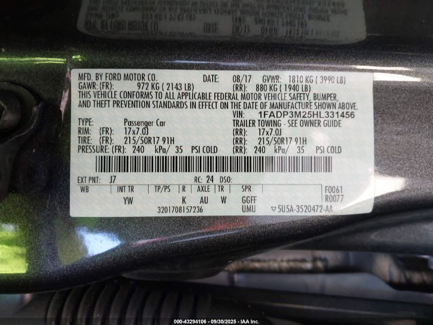 2017 Ford Focus Sel VIN: 1FADP3M25HL331456 Lot: 43294106