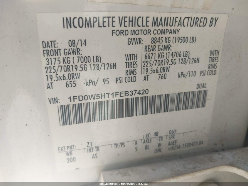 2015 Ford F-550 Chassis Xl VIN: 1FD0W5HT1FEB37420 Lot: 43294108