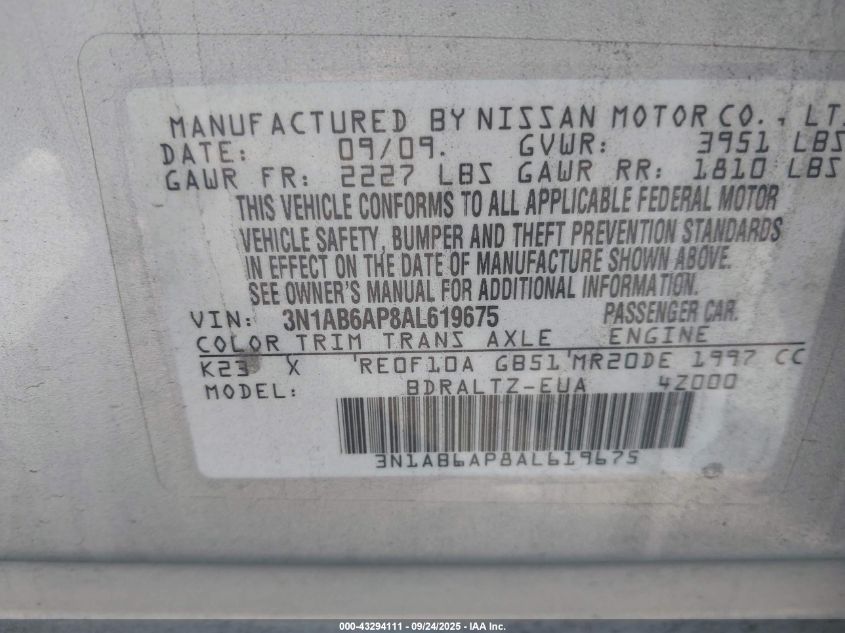 2010 Nissan Sentra 2.0S VIN: 3N1AB6AP8AL619675 Lot: 43294111