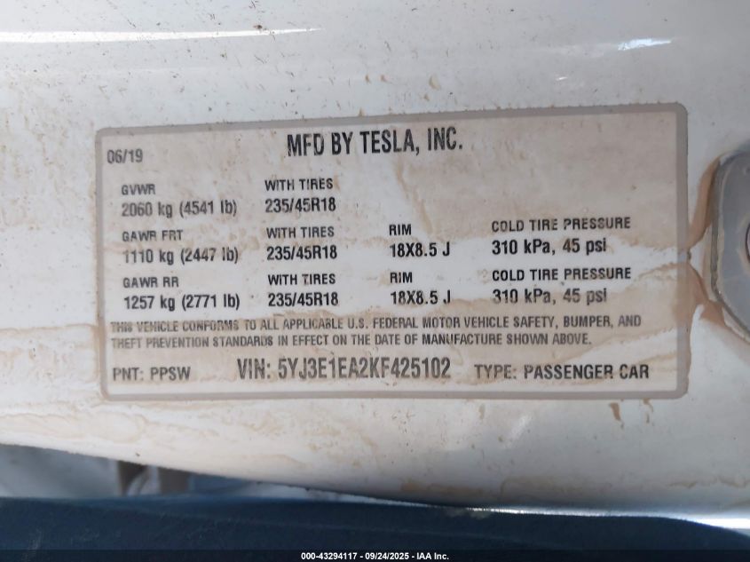2019 Tesla Model 3 Long Range/Mid Range/Standard Range/Standard Range Plus VIN: 5YJ3E1EA2KF425102 Lot: 43294117