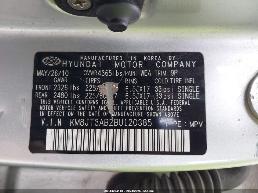 2011 Hyundai Tucson Gl VIN: KM8JT3AB2BU120385 Lot: 43294118