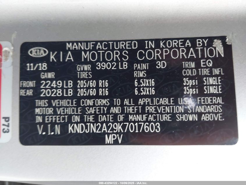 2019 Kia Soul VIN: KNDJN2A29K7017603 Lot: 43294122