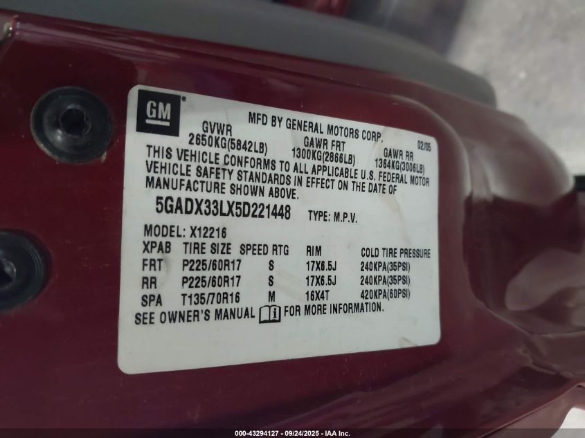 2005 Buick Terraza Cxl VIN: 5GADX33LX5D221448 Lot: 43294127