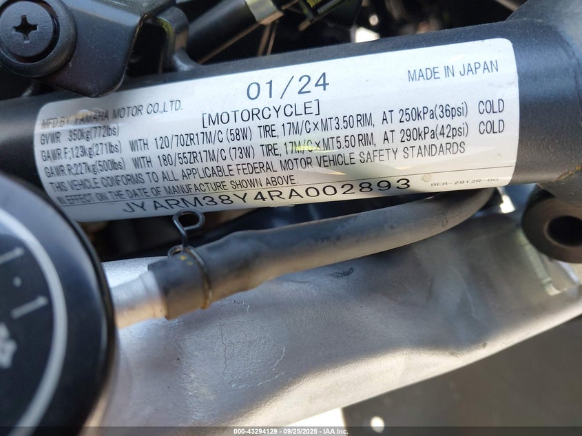 2024 Yamaha Yzfr7 VIN: JYARM38Y4RA002893 Lot: 43294129