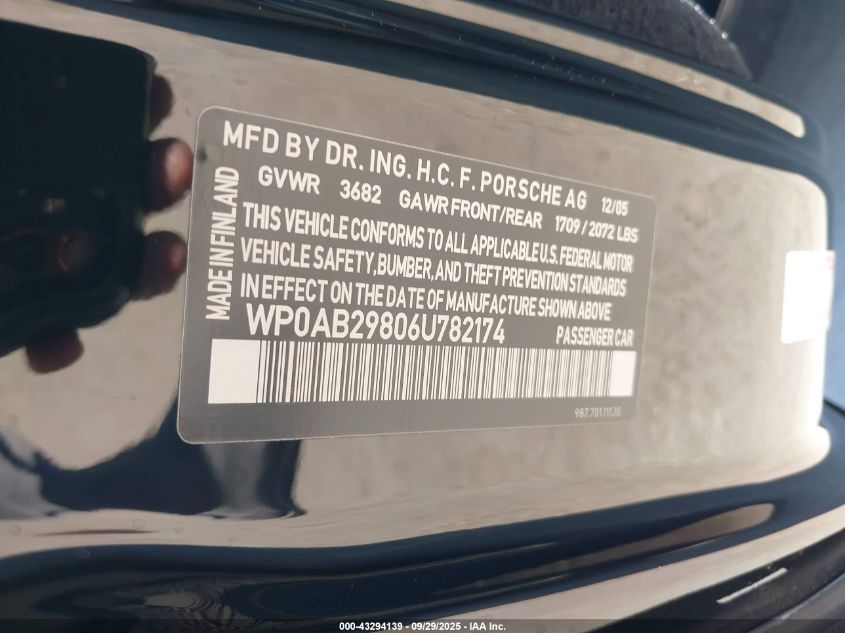 2006 Porsche Cayman S VIN: WP0AB29806U782174 Lot: 43294139