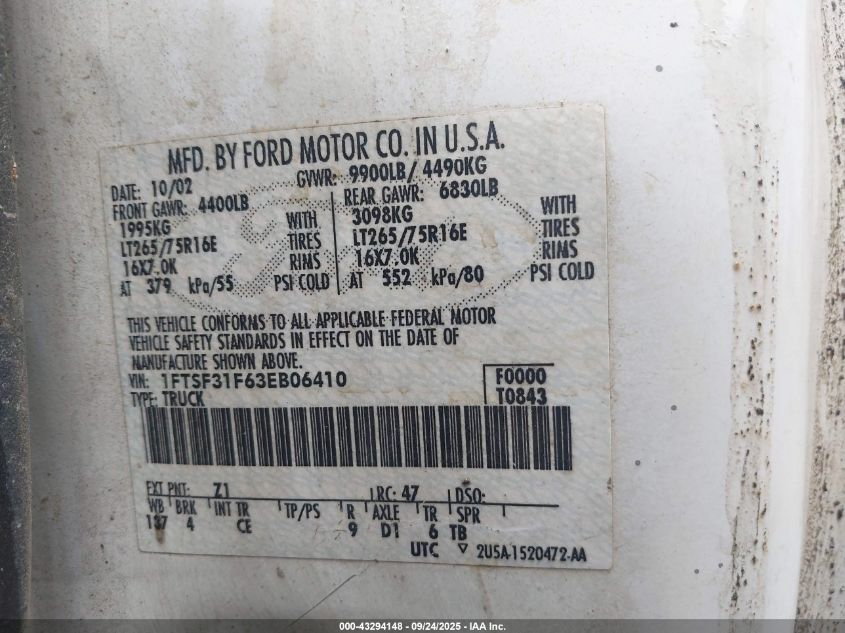 2003 Ford F-350 Xl/Xlt VIN: 1FTSF31F63EB06410 Lot: 43294148