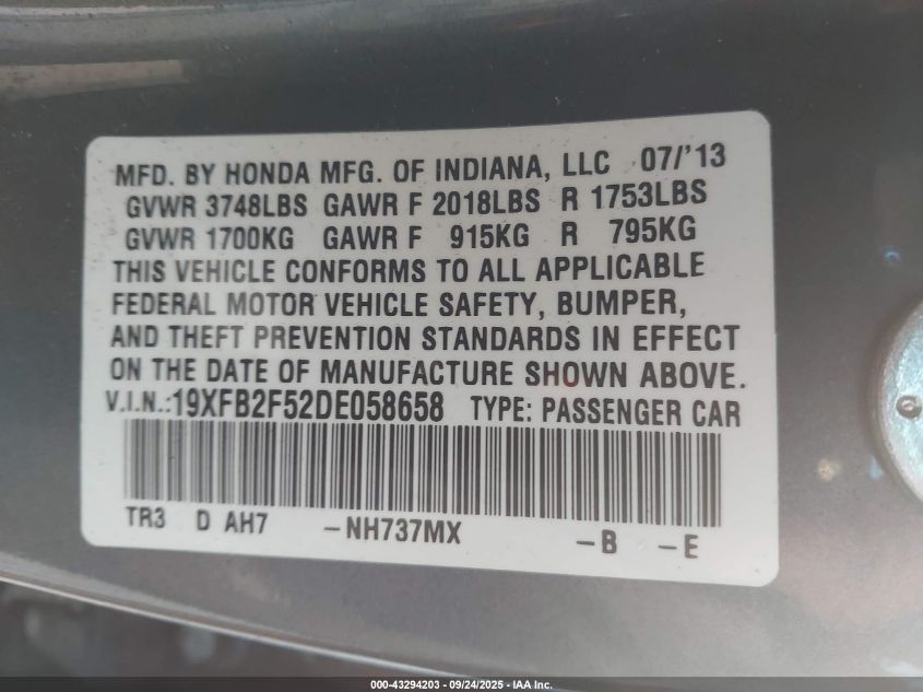 2013 Honda Civic Lx VIN: 19XFB2F52DE058658 Lot: 43294203