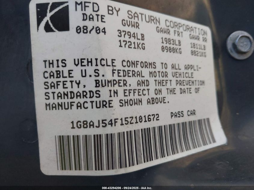 2005 Saturn Ion 2 VIN: 1G8AJ54F15Z101672 Lot: 43294206