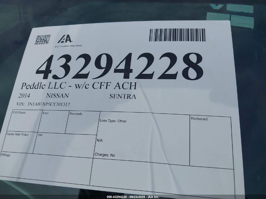 2014 Nissan Sentra Sv VIN: 3N1AB7AP5EY301317 Lot: 43294228