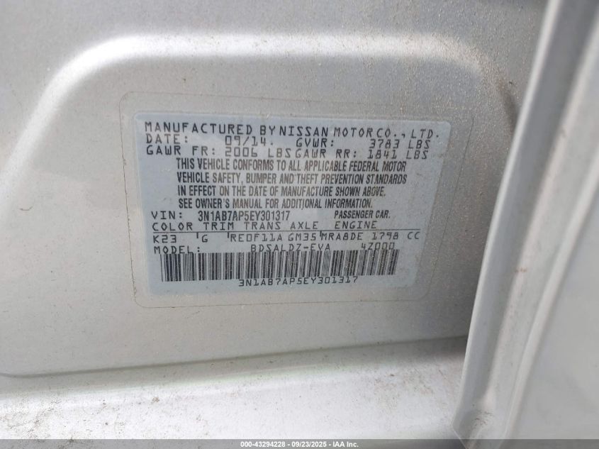 2014 Nissan Sentra Sv VIN: 3N1AB7AP5EY301317 Lot: 43294228