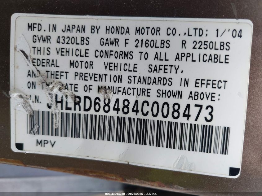2004 Honda Cr-V Lx VIN: JHLRD68484C008473 Lot: 43294230