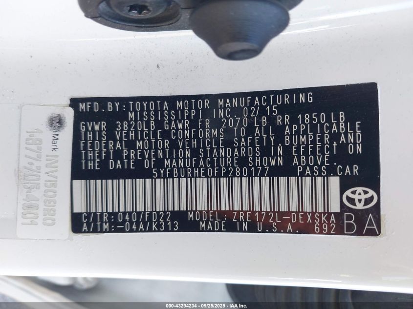 2015 Toyota Corolla S Plus VIN: 5YFBURHE0FP280177 Lot: 43294234