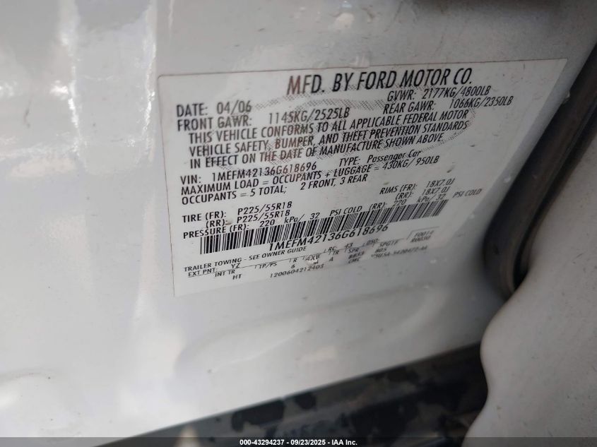 2006 Mercury Montego Premier VIN: 1MEFM42136G618696 Lot: 43294237