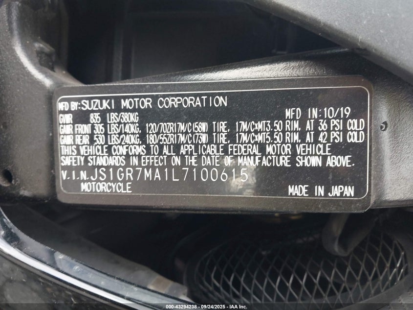 2020 Suzuki Gsx-R750 VIN: JS1GR7MA1L7100615 Lot: 43294238