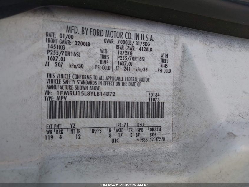 2000 Ford Expedition Xlt VIN: 1FMRU15L8YLB14872 Lot: 43294239