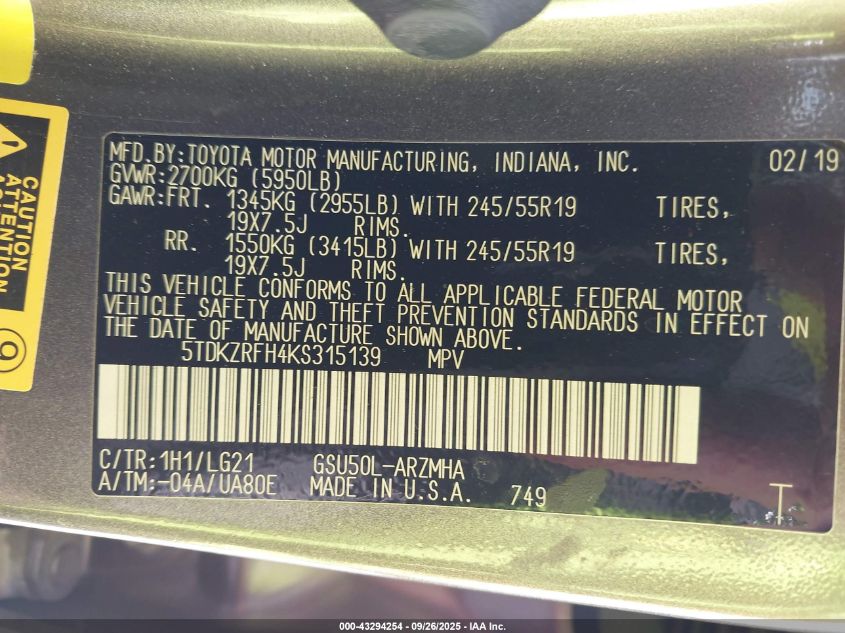 2019 Toyota Highlander Se VIN: 5TDKZRFH4KS315139 Lot: 43294254